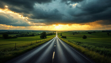 Naklejka premium A winding road through fields under dramatic storm clouds, with moments of sunlight.