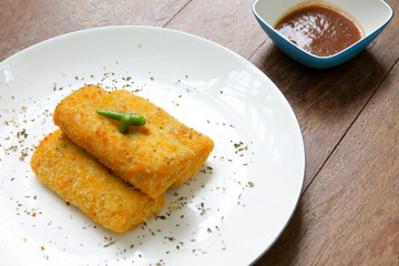 Golden Crispy Risoles with Red Chilis Sauce Close Up View Indonesian Snack Asian Cuisine