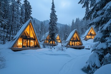 Winter retreatmodern a-frame cabins in snowy forest nature photography tranquil landscape serene viewpoint cozy escape
