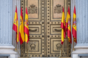 Spanish flags placed at the entrance of Spanish Parliament during the celebration of The Constitution Day