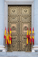 Spanish flags placed at the entrance of Spanish Parliament for the celebration of The Constitution Day