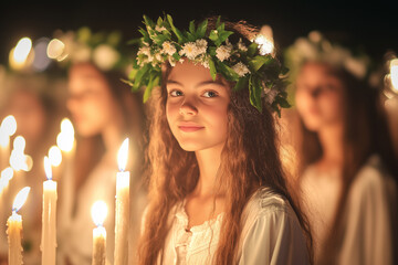Girl with wreath crown and white robe holding candle for Saint Lucia's Day or Saint Lucy's Day