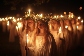 Girls in church wearing white robes and wreath crowns with candles for Saint Lucia or Saint Lucy's Day