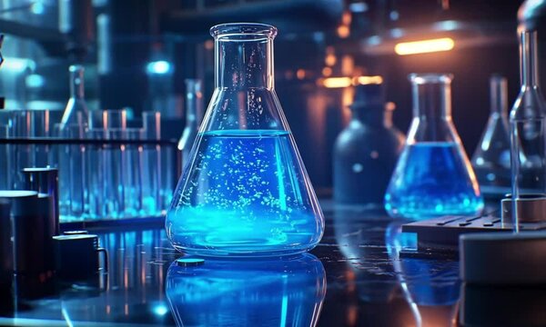 Laboratory Glassware with Blue Liquid and Neon-Glowing Clear Water in a High-Tech Research Setting