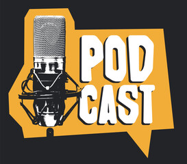 Fototapeta premium vector internet banner for podcast or internet radio with retro microphone and inscription. Suitable for advertising or logo