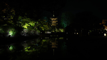 Night view of historical illuminated pagode in Kyoto