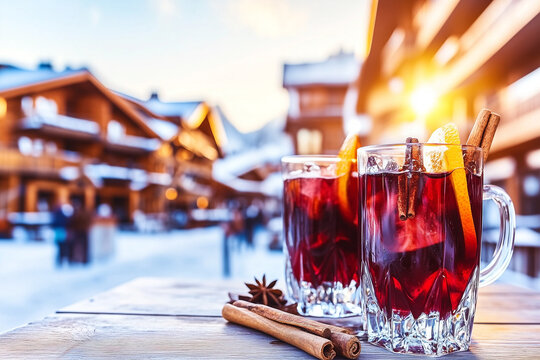 Two glasses of a steaming, spiced mulled wine sit invitingly, adorned with cinnamon sticks and citrus peel, against a stunning backdrop of snow-covered alpine chalets, with sunlight.