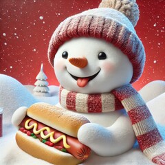 Cheerful snowman holding a hot dog, set against a festive winter backdrop. Perfect for holiday promotions, family events, or food-related marketing campaigns.