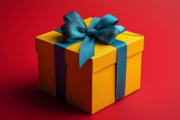 Obraz premium A vibrant yellow gift box adorned with a blue ribbon and bow against a bold red background, evoking a festive and cheerful atmosphere perfect for celebrations.