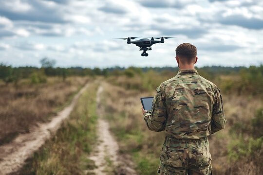 Soldier in camouflage uniform operating a military drone with a tablet, standing in a field beside a dirt road, engaged in surveillance and reconnaissance activities
