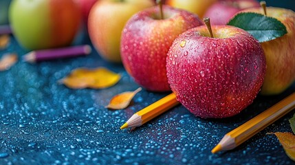 Back to School Graphic with Apples, Books, Pencils, and Chalkboard on a Blue Background, Digital Art Comes to Life in Bright Colors with Copy Space
