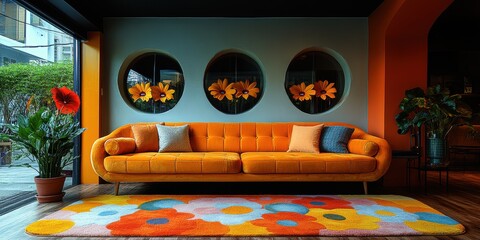 A vibrant orange living room with a cozy sofa and colorful decor embodies a joyful and retro aesthetic that draws inspiration from mid-century design elements.