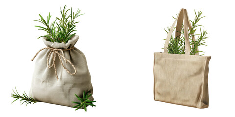 Set of Bag made of canvas fabric with natural horsetail and rosemary, isolated on transparent background
