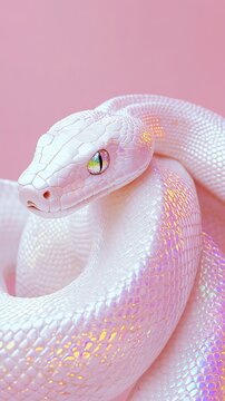 Closeup of a cute harmless pink holographic snake against bokeh and glitter background. Rainbow snake with scales surrounded by bubbles, soft focus, ethereal setting. Symbol of 2025
