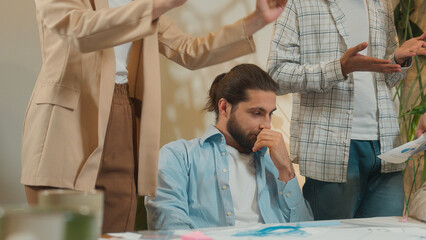 Different colleagues angry men women girls guys male female fight argue throw papers shout scream...