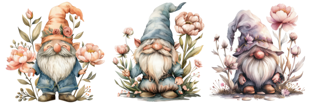 Set of watercolor cute boho wooden crate filled with seedlings, isolated on transparent background