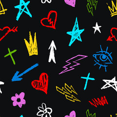 Colorful doodle patterns with hearts and stars