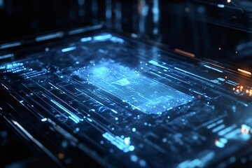 Complex network of circuits and data streams flowing across futuristic microchip, symbolizing advanced computing and information processing