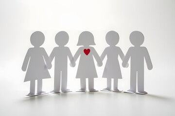 Paper figures holding hands with heart symbol on middle figure