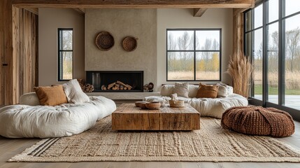 Stylish and cozy modern living room with large windows featuring rustic wooden elements, comfortable seating, and inviting neutral decor.