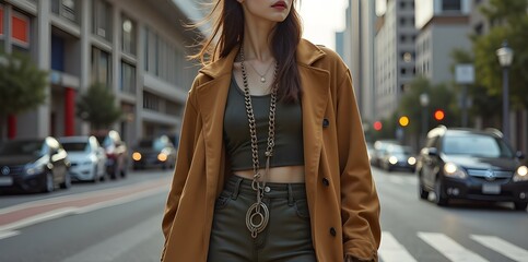 Fototapeta premium Urban fashion - young asian female in stylish outfit walking in city street