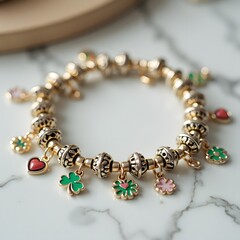 Elegant gold charm bracelet with heart and clover pendants on marble surface