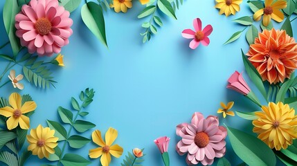 Handmade Paper Flowers on Light Blue Background with Copyspace