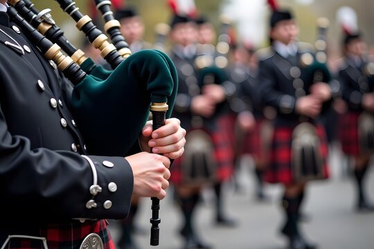 Scottish bagpipers in traditional tartan kilts at outdoor performance