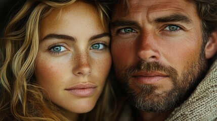 A captivating portrait showcasing the close-up of a man and woman with striking blue eyes, highlighting their facial expressions and natural features in a harmonious and intimate setting.