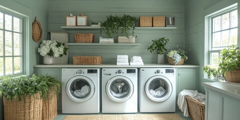 A beautifully organized laundry room with three modern washing machines, surrounded by greenery and wicker baskets in a serene setting.