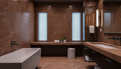 Stylish and luxurious bathroom featuring marble tiles, a modern bathtub, a vanity area, and warm lighting.