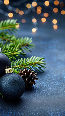 Festive vertical composition with pine branches, pinecones, and dark glittery background