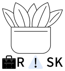 Modern potted plant and business elements combined with letters R and SK around a warning sign. Ideal for business risk, management, caution, growth, strategic planning, financial security, balance