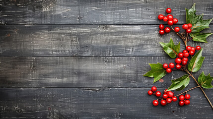 Festive Christmas Holly Branch on Rustic Dark Wooden Background with Copy Space for Seasonal Designs