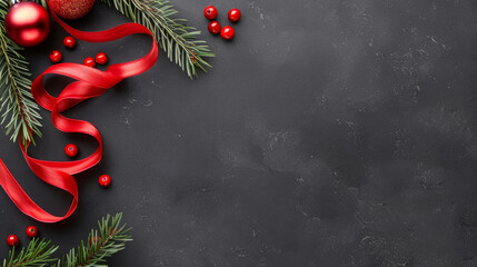 Christmas background featuring red ribbon, ornaments, berries, and pine branches on dark surface