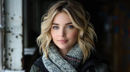 Fototapeta premium Portrait of a Young Adult with Blonde Hair Wearing a Scarf, Captured in a Soft Light Setting Near a Large Window, Showcasing Tranquil Expression