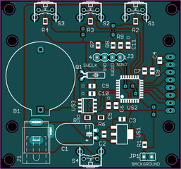 Vector printed circuit board of electronic 
device with components of radio elements, 
conductors and contact pads placed on pcb. Engineering technical educational drawing. Computer technic cad design