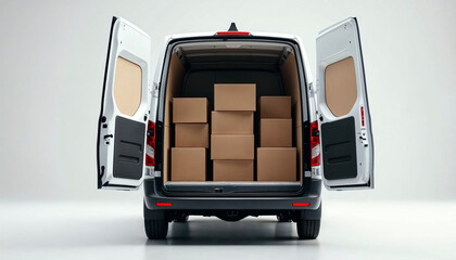 A sleek white delivery van with open doors revealing neatly packed boxes in a minimalist setting.

