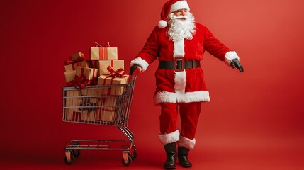 Real man dressed as Santa Claus near a shopping cart full of present boxes, set against a red background.