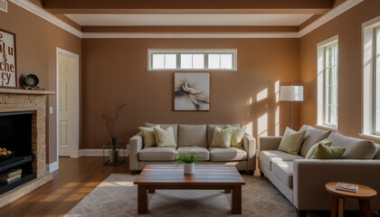 Fototapeta premium Cozy living room featuring a fireplace, mocha-colored walls, large windows, and elegant decor.