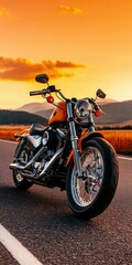 Fototapeta premium Vintage Orange Motorcycle Parked on Scenic Open Road at Sunset with Dramatic Sky