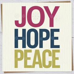 Fototapeta premium Holiday Inspirational Typographic Design featuring the words Joy, Hope, and Peace in bold, retro colors on a cream background, perfect for greeting cards and posters.