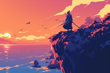 Obraz premium Silhouette of a Samurai at Sunset, a Stunning Coastal View. Vibrant Anime Illustration.