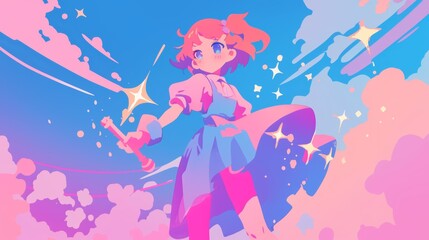 Obraz premium Pastel Girl with Magic Wand in a Dreamy Sky. Vibrant Anime Illustration.