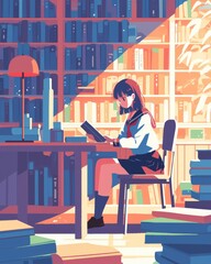 Girl Studying in a Sunlit Library Filled with Books. Vibrant Anime Illustration.