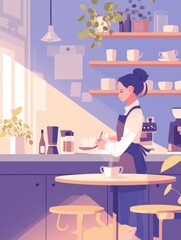 A Calm Morning at a Cozy Coffee Shop. A Barista Prepares a Drink. Vibrant Anime Illustration.