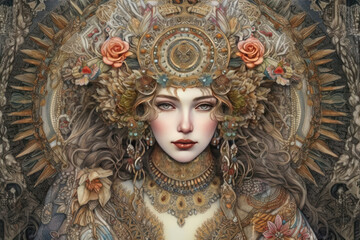 Obraz premium a woman with aristocratic features, dressed in a rich and detailed outfit, adorned with intricate patterns and jewels. 
