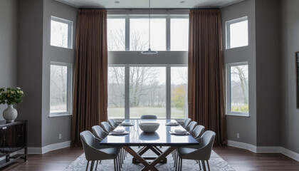 Fototapeta premium Bright dining area with minimalist decor, large windows, and neutral tones for a contemporary feel.