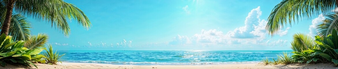 Obraz premium Stunning panoramic view of a tropical beach with palm trees and clear blue ocean under a bright sky.