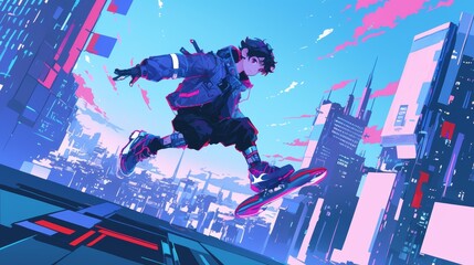 Cyberpunk Cityscape. Futuristic Boy Leaps Through Neon-Lit City. Vibrant Anime Illustration.